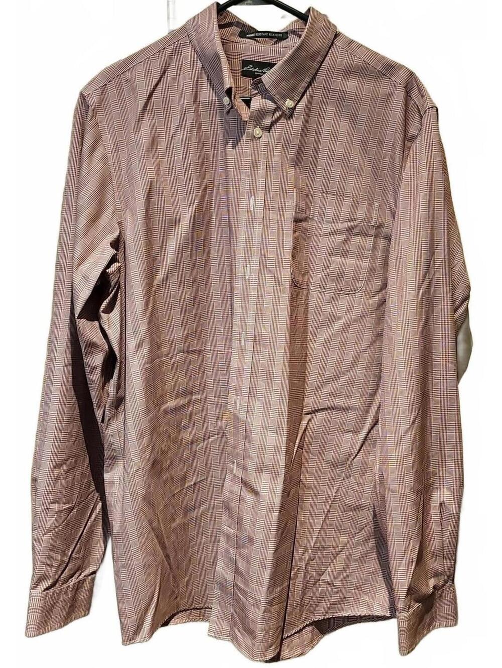 Eddie Bauer Men Red Button Down Plaid XL Tall Wrinkle Resistant Relaxed Fit